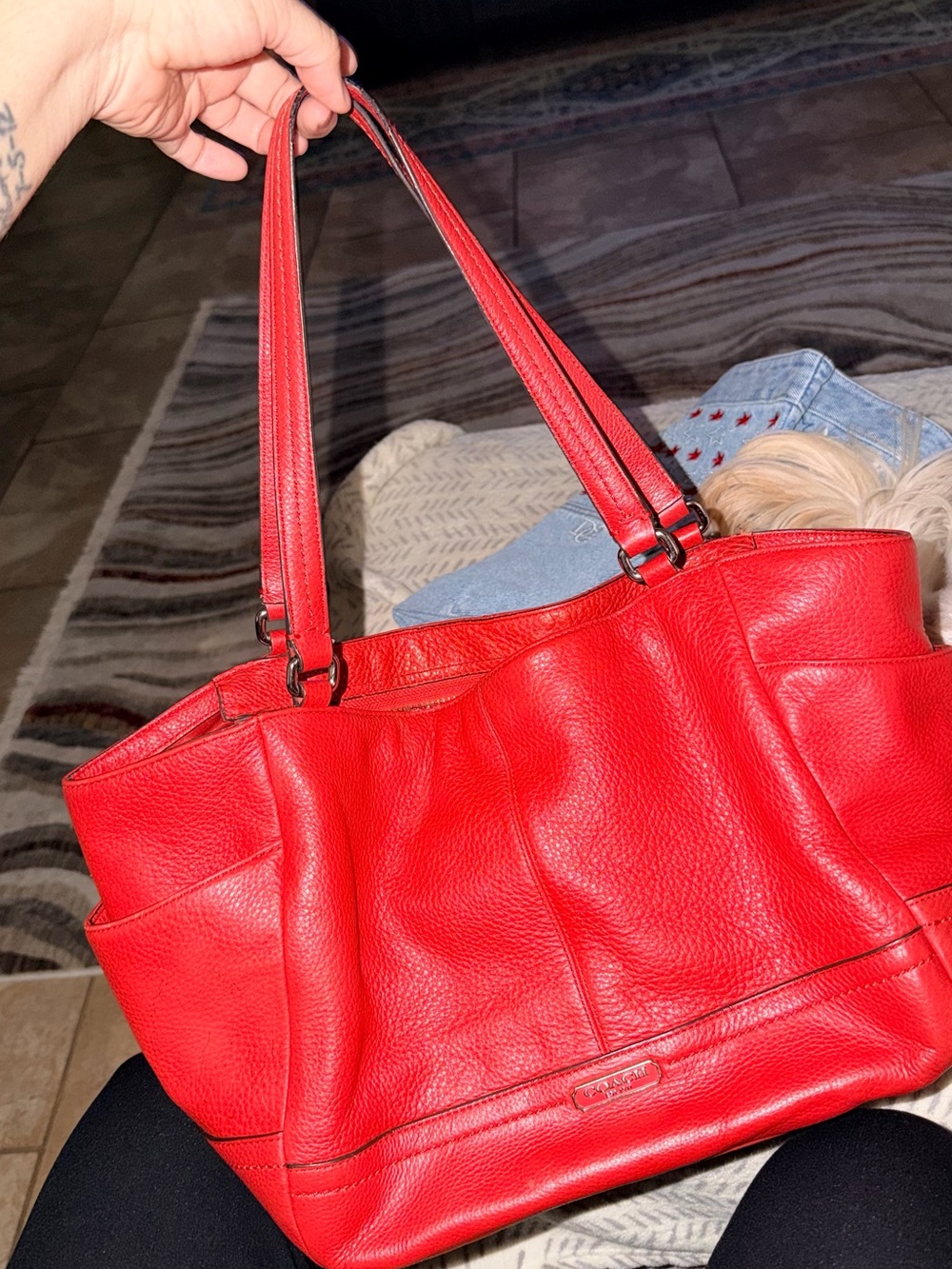 Coach Park Carrie Tote F23284 Red Pebbled Leather Large Shoulder Bag Purse